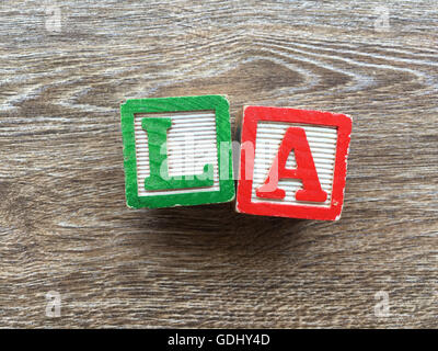 LA Los Angeles word written with alphabet wood block letter toys Stock Photo