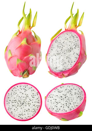 Isolated dragonfruit. Collection of whole and cut dragon fruits isolated on white background with clipping path Stock Photo