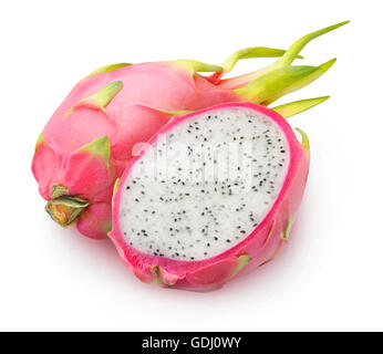 Isolated dragonfruits. One and a half dragon fruit (pitaya) isolated on white background with clipping path Stock Photo