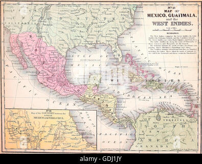 Map of Mexico, Guatimala, and the West Indies circa 1840 Stock Photo