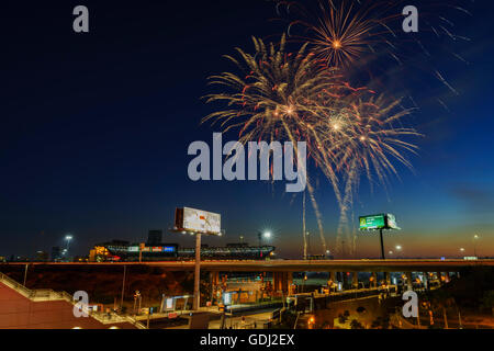 Anaheim, JUL 16: Beautiful fireworks of Angel Stadium saw at the beautiful Anaheim Regional Intermodal Transit Center on JUL 16, Stock Photo