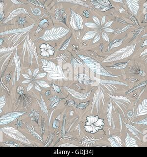 Creative Vector Pattern with Tropical Plants in Pastel Colors, Seamless texture with exotic eastern leaves and flowers in white, brown and blue Stock Vector