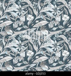 Creative Vector Pattern with Tropical Plants in Pastel Colors, Seamless texture with exotic eastern leaves and flowers in white, brown and blue Stock Vector