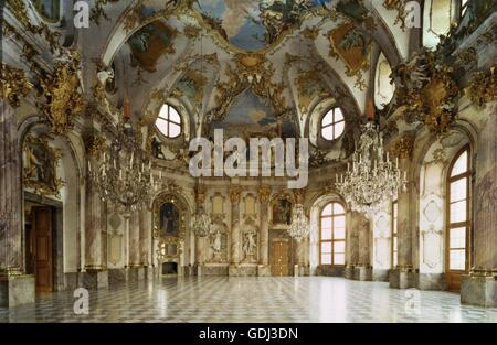 geography / travel, Germany, Bavaria, Würzburg, residence, built 1719 - 1744, by Balthasar Neumann (1687-1753), interior view, emperor's hall, stucco work by Antonio Bossi (?-1764), fresco by Giovanni Tiepolo (1696-1770), statues by Johann von der Auwera Stock Photo
