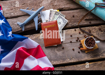 Passport near US flag. Stock Photo