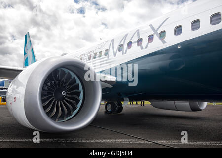 The new Boeing 737 Max and CFM International LEAP engine the Farnborough Airshow 2016 Stock Photo