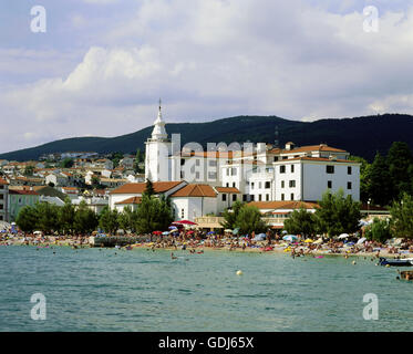 geography / travel, Croatia, Crikvenica, city views / city scapes, view of the town with the beach and the Church of Holy Mary's Assumption, Stock Photo