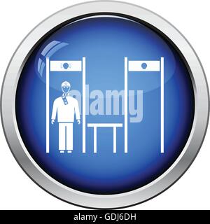 Stadium metal detector frame with inspecting fan icon. Glossy button design. Vector illustration. Stock Vector