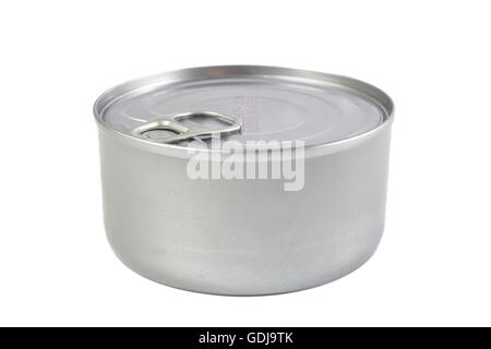 Single metal food can. Side view. Isolated on white Stock Photo