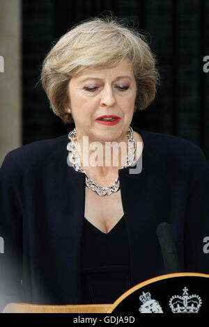 Theresa May makes her first speech as Prime Minister to a waiting media after being asked by the Queen to form a new government. Stock Photo