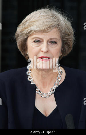 Theresa May makes her first speech as Prime Minister to a waiting media after being asked by the Queen to form a new government. Stock Photo