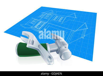 A house blueprint with hammer and spanner tools Stock Photo