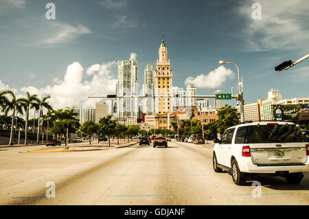 Freedom Tower in Miami as seen from the freeway traveling south on Biscayne Boulevard (US Route 1) Stock Photo