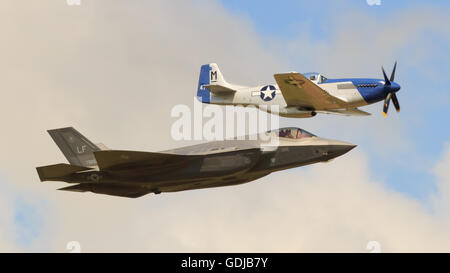 F35 strike fighter in display with Mustang P51 Stock Photo