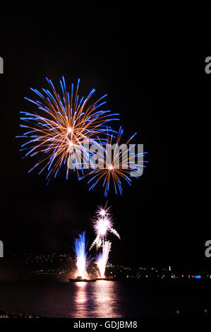 Fireworks illuminate the coastline of Nice at the 14th of july, bastille day. Stock Photo