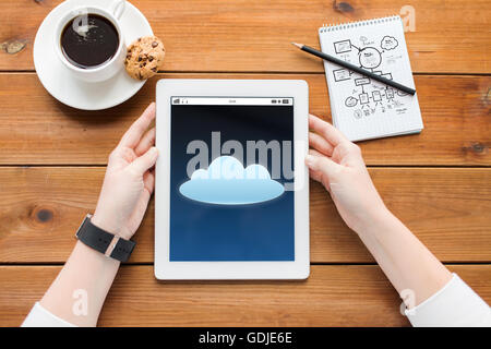 close up of woman with tablet pc on wooden table Stock Photo
