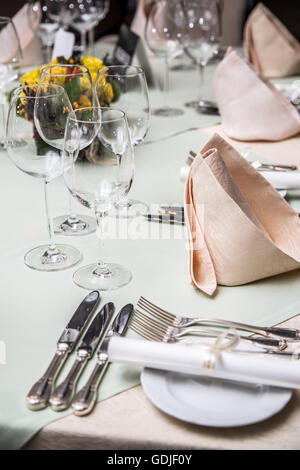 Festival wedding dinner setting at the restaurant. Stock Photo