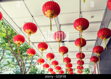 ceiling decorated with hanging chinese lanterns Stock Photo