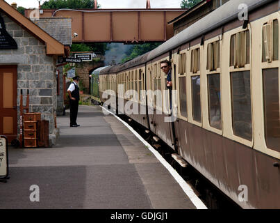 Train leaving Watchet Station, Watchet, Somerset, UK
