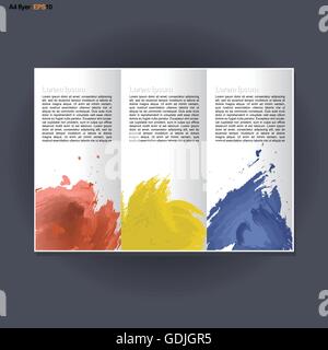 Abstract print A4 in 3 parts design with blue, red and yellow brush strokes, for flyers, banners or posters over silver backgrou Stock Vector