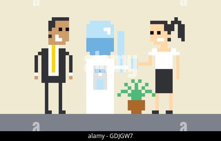 Pixel Art Image Of Businesspeople By Water Cooler In Office Stock Vector