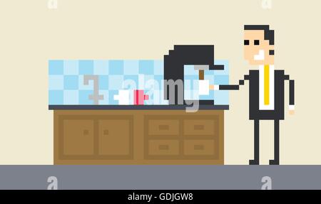 Pixel Art Image Of Businessman Making Coffee In Office Stock Vector