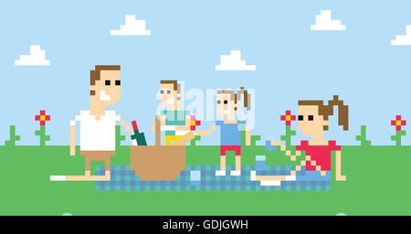 Pixel Art Image Of Family Having Picnic In Park Stock Vector