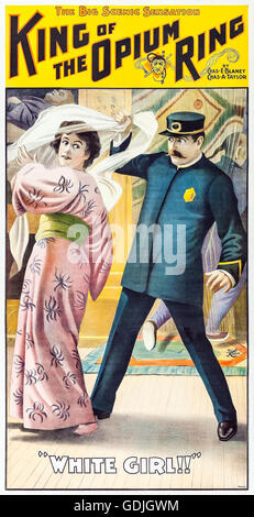 “The King of the Opium Ring” Playbill showing the uncovering of a “White Girl!” dressed in a kimono during the raid of an opium den in Chinatown, San Francisco. Set in 1890, the play by Chas A Taylor produced by Chas E Blaney opened on 27 February 1899 at the Bijou Theatre, Jersey City, New Jersey. See description for more information. Stock Photo