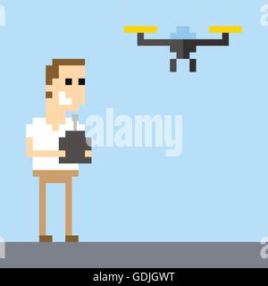 Pixel Art Image Of Man Flying Drone Using Remote Control Stock Vector