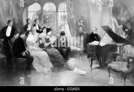 Richard Wagner. The German composer, Wilhelm Richard Wagner (1813-1883), playing the piano to a private audience. 1915 reproduction of a painting by Vicente Garcia de Parades. Stock Photo