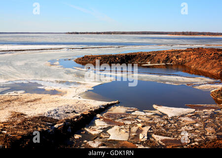 Spring in Russia. Ice on the Volga River thaws. Stock Photo