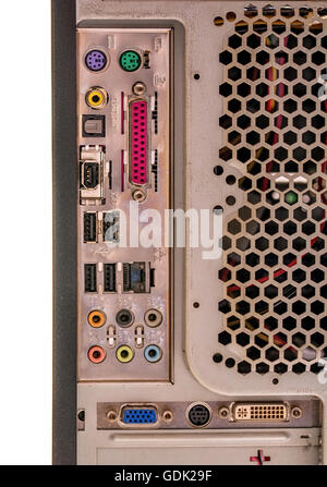 old generation computer view of the box rear plugins, technology out of date Stock Photo