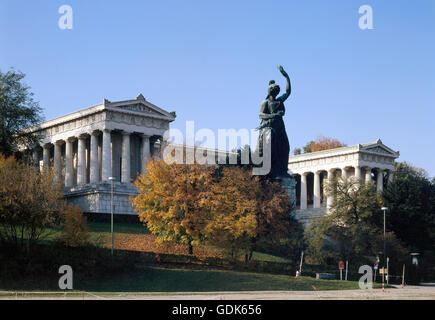 geography / travel, Germany, Bavaria, Munich, monuments, Bavaria with hall of fame, bronze statue, built under King Ludwig I of Bavaria, autumn, Stock Photo
