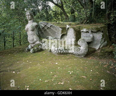 geography / travel, Italy, Viterbo, garden and park, garden of Bomarzo, The Holy Forest, (Parco dei Mostri), Sacro Bosco, mythological creature in stone, built: 1522 in order of Duke Vicino Orsini, Stock Photo