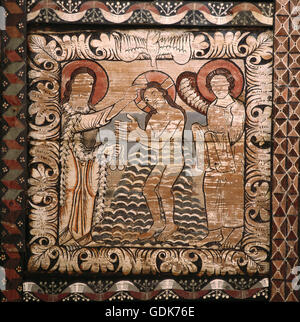 geography/travel, Switzerland, Grisons, Zillis, churches and convents, Saint Martin, interior view, ceiling paintings, detail, baptism of Jesus in river Jordan, wood painting, 1109 - 1114, Stock Photo