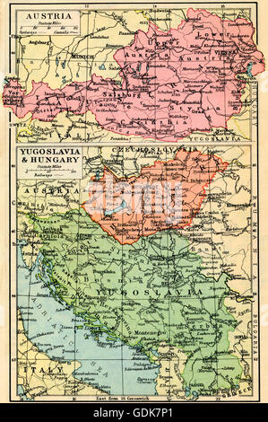 A 1930's map of Austria, top and Yugosalvia and Hungary, bottom. Stock Photo