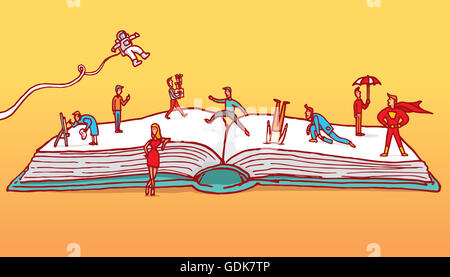 Cartoon illustration of different fantasy characters playing over open book Stock Photo