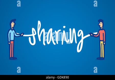 Cartoon illustration of two guys holding the word sharing together Stock Photo