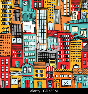 Cartoon illustration background of a colorful busy city full with houses and buildings Stock Photo