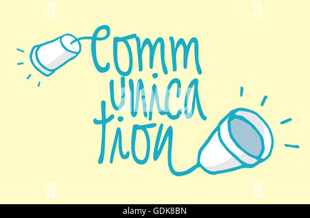 Cartoon illustration of communication word with two cups as cable phone Stock Photo