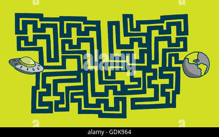 Cartoon illustration of alien spaceship entering maze to earth Stock Photo