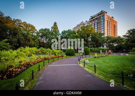 Gardens along a walkway at the Public Garden, in Boston, Massachusetts. Stock Photo
