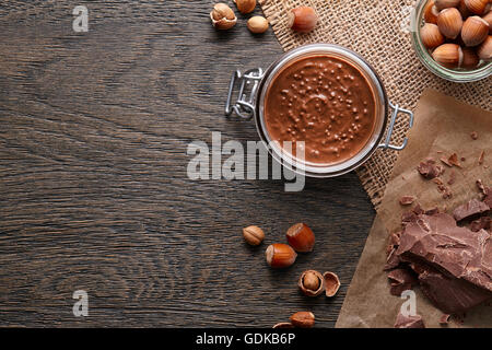 Background with hazelnut spread and ingredients Stock Photo