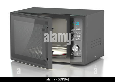 black microwave oven, 3D rendering isolated on white background Stock Photo
