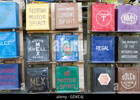Collectors Jerry Cans pre-war to 1950. Fleetwood, Lancashire, UK Stock Photo