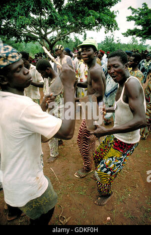 Drummers and musicians celebrating the coronation of the new Yoruba king of Foudite. Benin, West Africa. Stock Photo