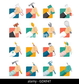 Jobs avatar icons set with hands and tools Stock Vector