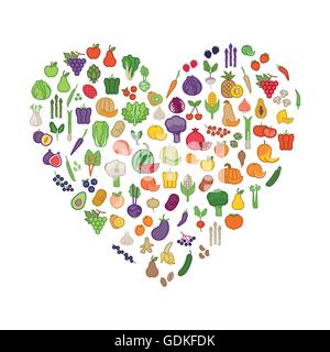 Vegetables and fruits in a heart shape on white background, healthy eating and nutrition concept Stock Vector