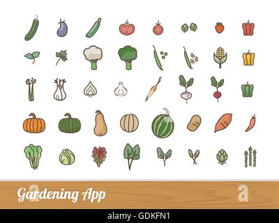 Gardening and farming app vegetables outlined icons set Stock Vector