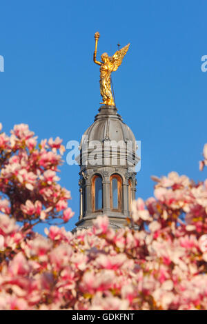 Angel of enlightenment, statue on top of the building through beautiful magnolia flowers in spring Stock Photo